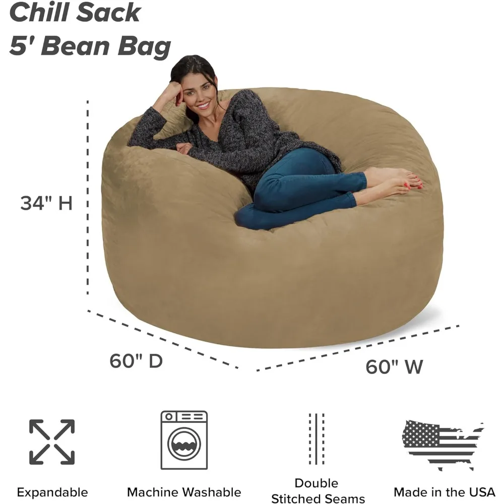 Chill Sack Bean Bag Chair: Giant 5' Memory Foam Furniture Bean Bag - Big Sofa with Soft Micro Fiber Cover - Khaki