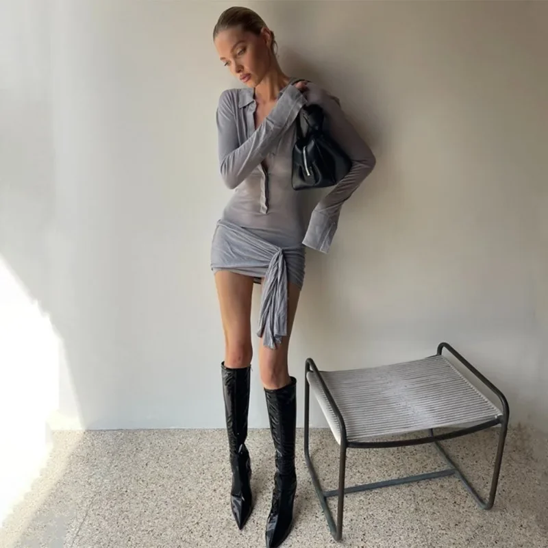 Sexy Strappy Plissee Minikleid Damen Revers Einreiher Sheer Minikleid Schlank Solide Langarm Party Club Kleid