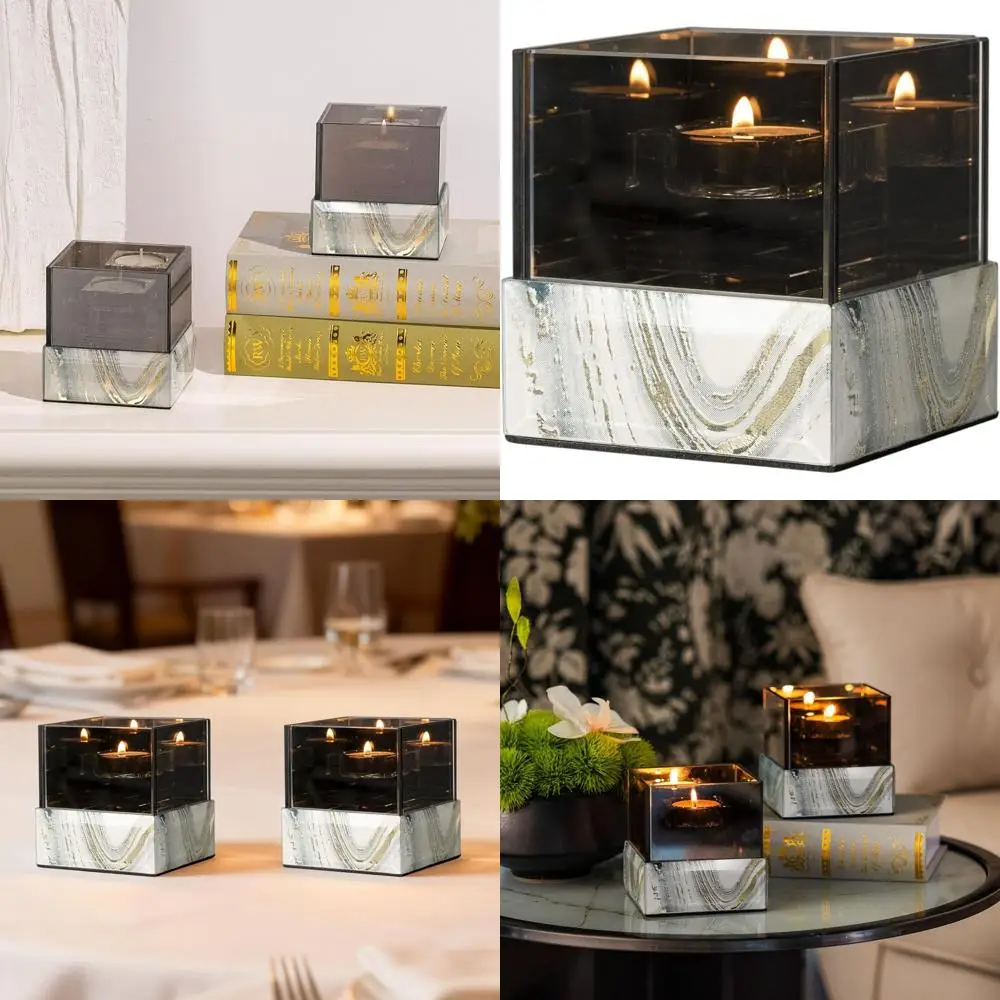 

Квадратный стеклянный подсвечник с узором под белый мрамор - идеально подходит для чайных и вотивных свечей, идеально подходит для дома, столовой, кухни и патио.