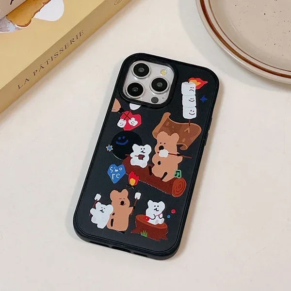 Bear Picnic Black Frosted Phone Case Cover for IPhone 13 14 15 16 Pro Max Case