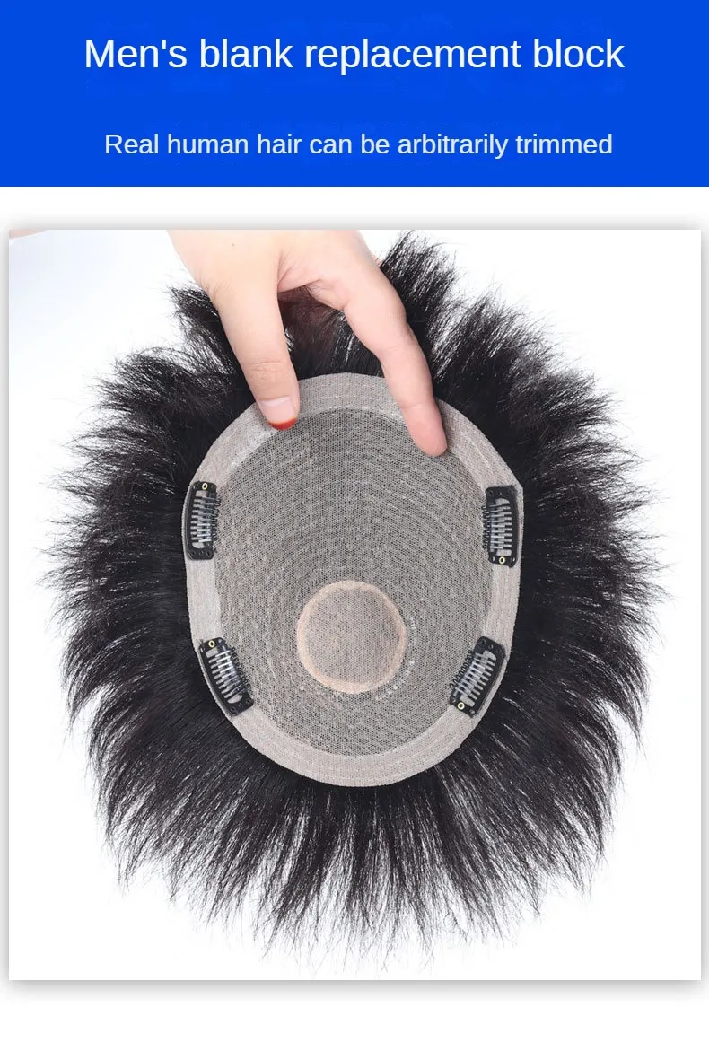Clips on Mens Hair Wig Male Human Hair Toupee for Men Topper Real Hair Wig Replacement Block Overhead Natural Men's Wig Piece