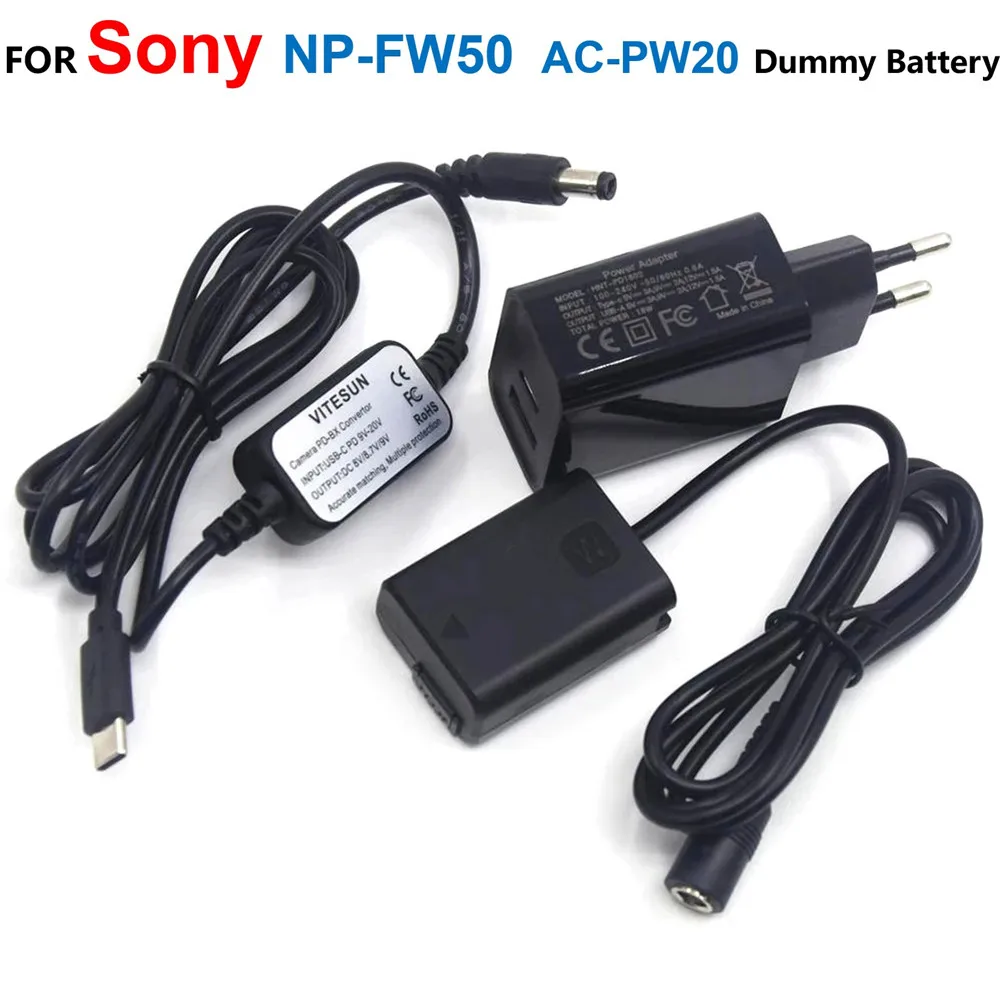 

NP-FW50 Dummy Battery+USB Type-C Charger Cable+PD Charger For Sony A7S2 A7S A7 II A7R A7RII a7m2 A6000 A6300 A6500 A7000 ZV-E10