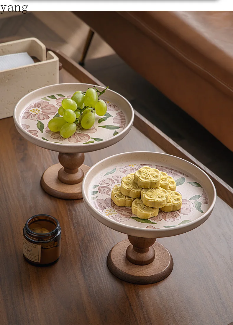 LTT Wooden High Foot Plate Ceramic Fruit Pastry Pendulum Porch Storage Ornament