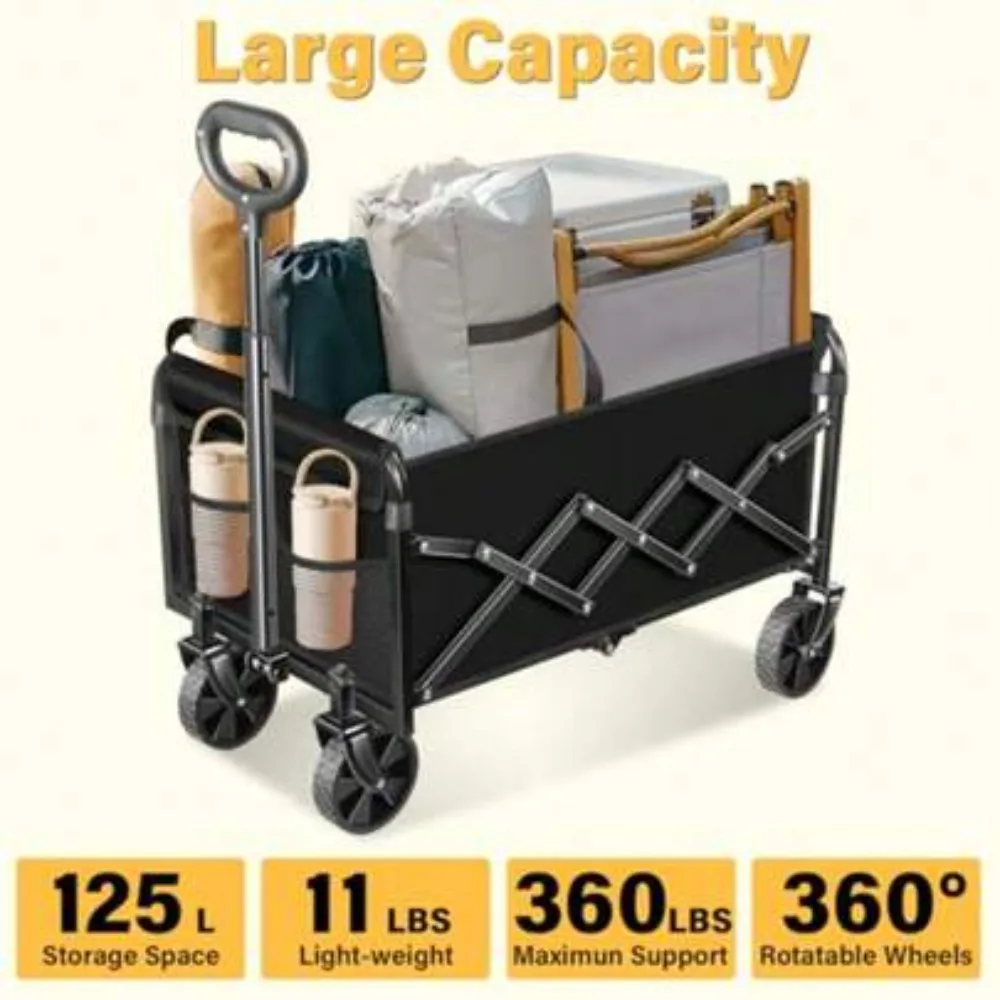 Foldable Wagon Cart with Wheels Collapsible Folding Utility Cart Heavy Duty Portable Garden Wagon for Groceries Shopping Camping Beach Sports Travel Outdoor Gear Storage Moving Transport 150 lbs Capacity Black