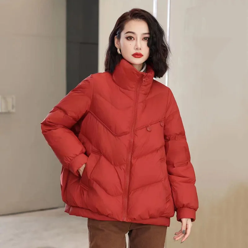 2025 nueva moda de invierno para mujer, abrigos acolchados de manga larga con cuello levantado y cremallera, informales, de moda, de Color sólido, para mujer
