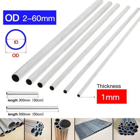 Aluminium Tube 1mm Thickness 3-60mm OD Straight 300mm 500mm Long Round 6063 Aluminum Alloy Metal Pipe