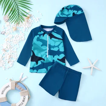 Baby Boys Shark Print Swimsuit Set with Sun Hat Protective Clothing - Swimming Suit for Infants And Toddlers