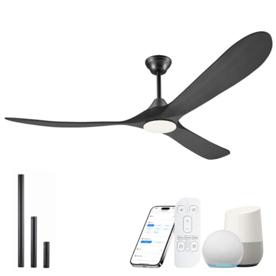60 Inch Black Outdoor Ceiling Fans with Lights, Solid Wood Farmhouse Style, Smart Remote/APP/Alexa Control, Quiet Reversible DC