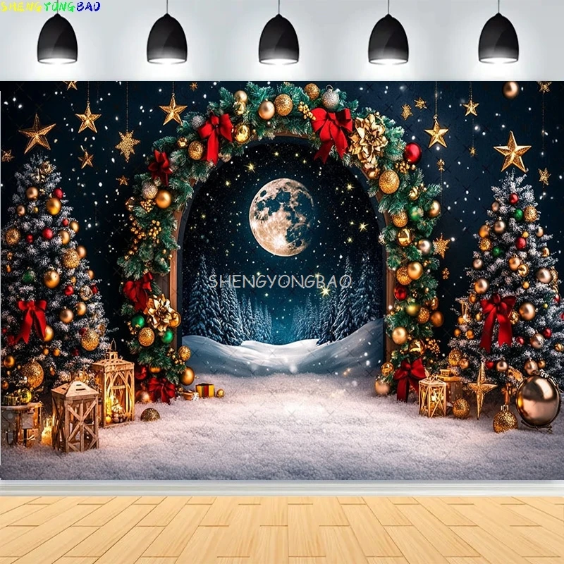 

Christmas Day Pine Tree Bell Wreath Photography Backdrops Indoor Fireplace Winter Elk New Year Family Portrait Background CT-05