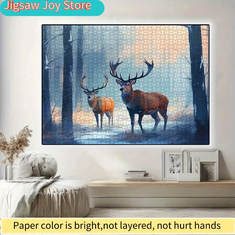 DIY Paper Puzzle, Winter Forest Scene with Two Deer, High-Quality White Card Material, Suitable for Parent-Youngsters Time Pu
