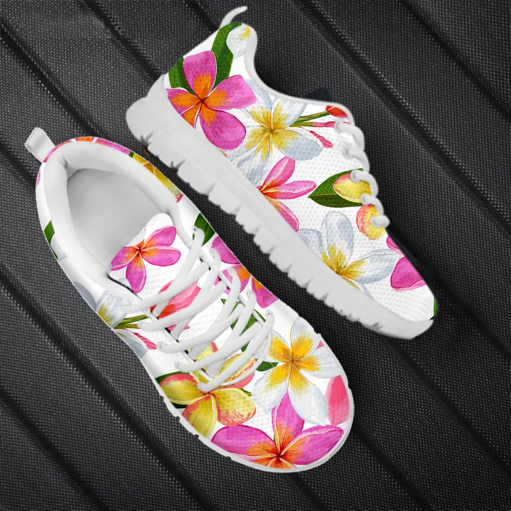 Tropical Plumeria 2025 Zapatillas deportivas planas para correr y trotar para mujer, Zapatillas transpirables con cordones de malla para mujer, Zapatillas