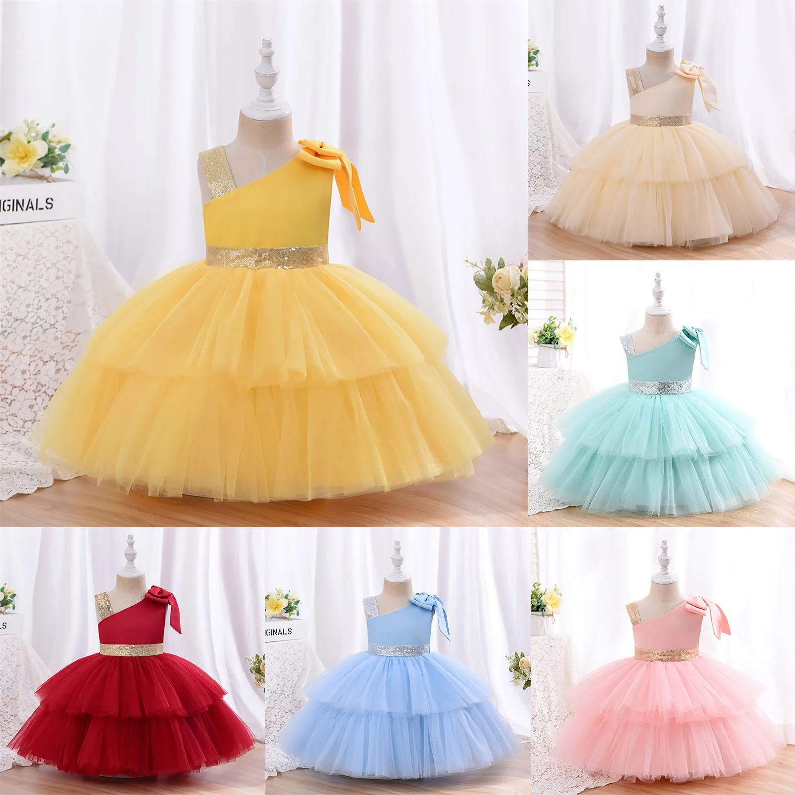 

Little Girl Pageant Party Dress Long Wedding Sloping Sleeveless Double Mesh Skirt With Bow Size 6t Girls Clothes
