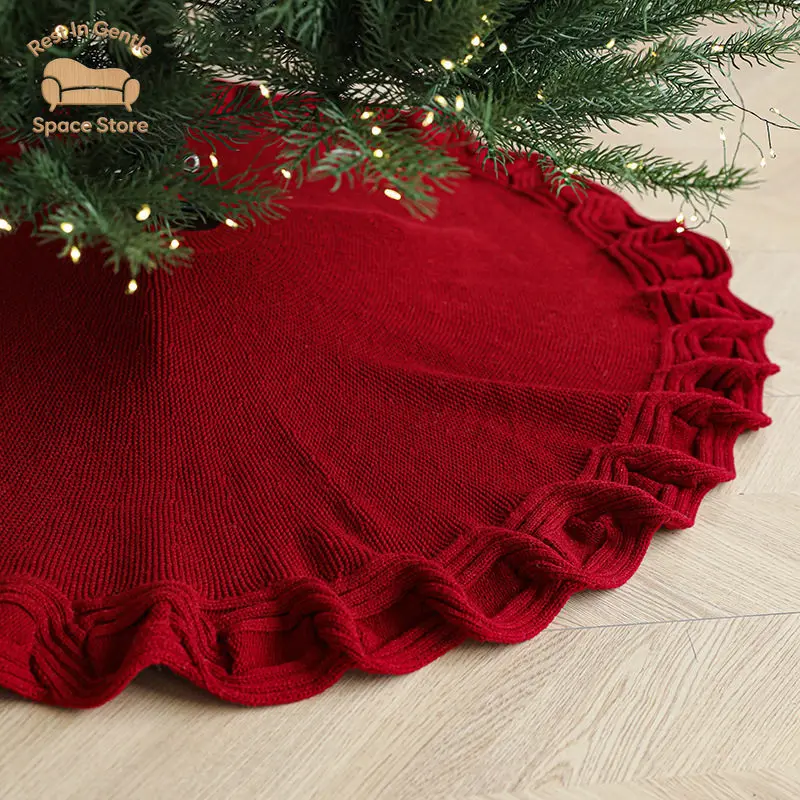 New fabric knitted wool Christmas tree tree skirt red and white apron bottom circumference shooting props Christmas decorations