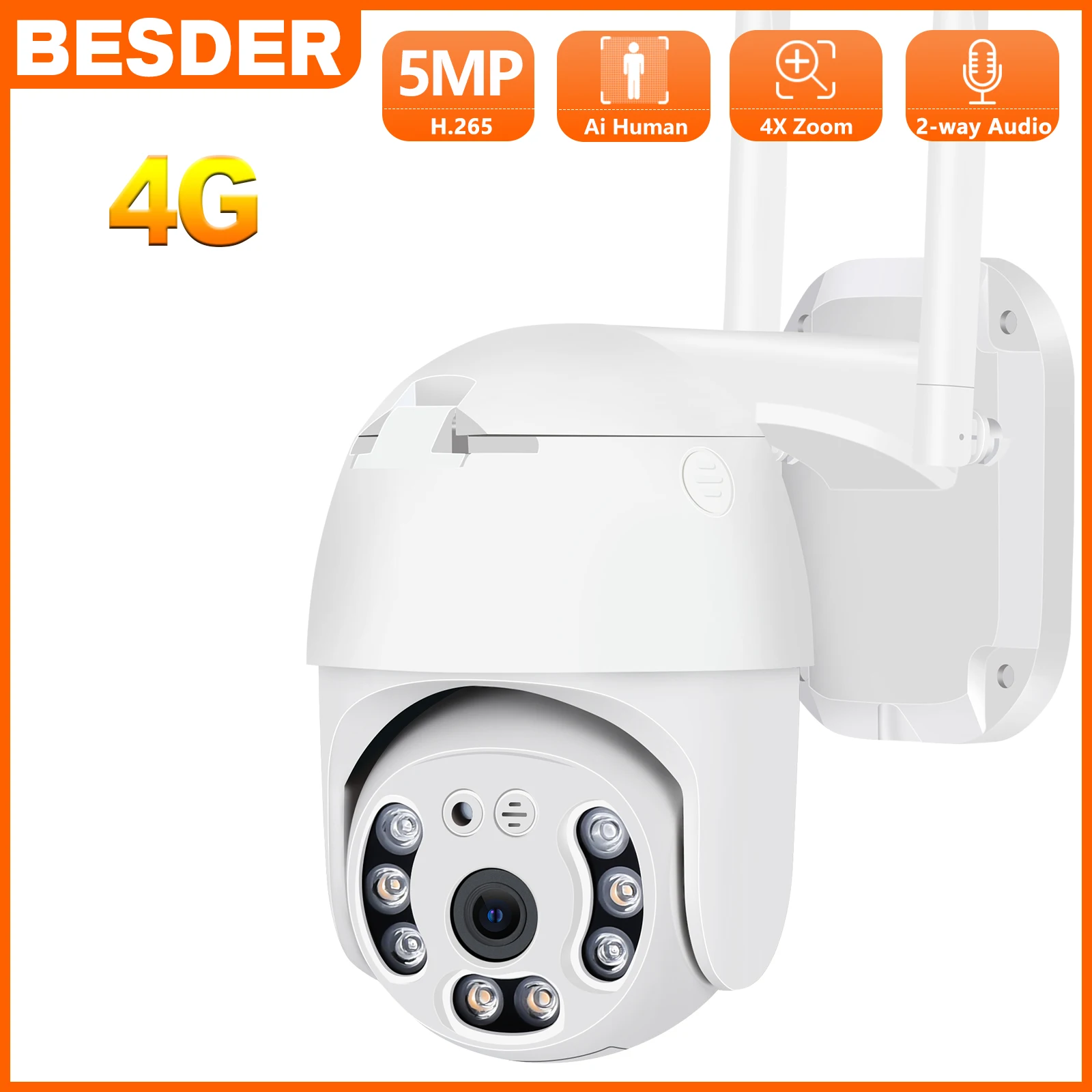 BESDER 5MP HD 3G 4G SIM Card IP Camera PTZ AI Human Detect Color IR Night Vision 3MP Outdoor CCTV Security Surveillance Camera