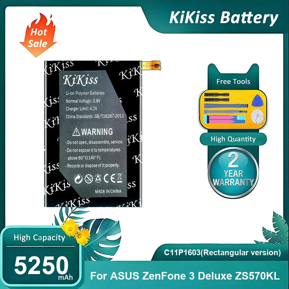 

KiKiss Battery For ASUS ZenFone 3 Deluxe ZS570KL ZenFone3,C11P1603(Rectangular version),5250mAh
