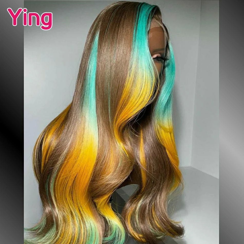 Peruca brasileira de onda corporal com cabelo de bebê, cabelo humano pré-arrancado, perucas frontais de renda 13x6, amarelo e azul omber, fechamento de renda 6X4