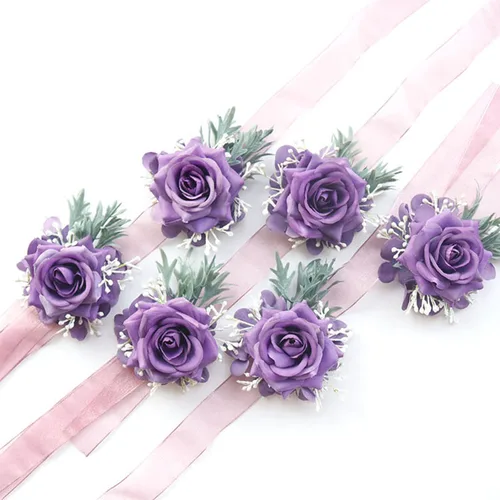 Imagen 2 del producto Conjunto de ramillete y Boutonniere para novia y dama de honor, accesorios de flores de boda, rosa púrpura, boda, novio, 1/6 piezas
