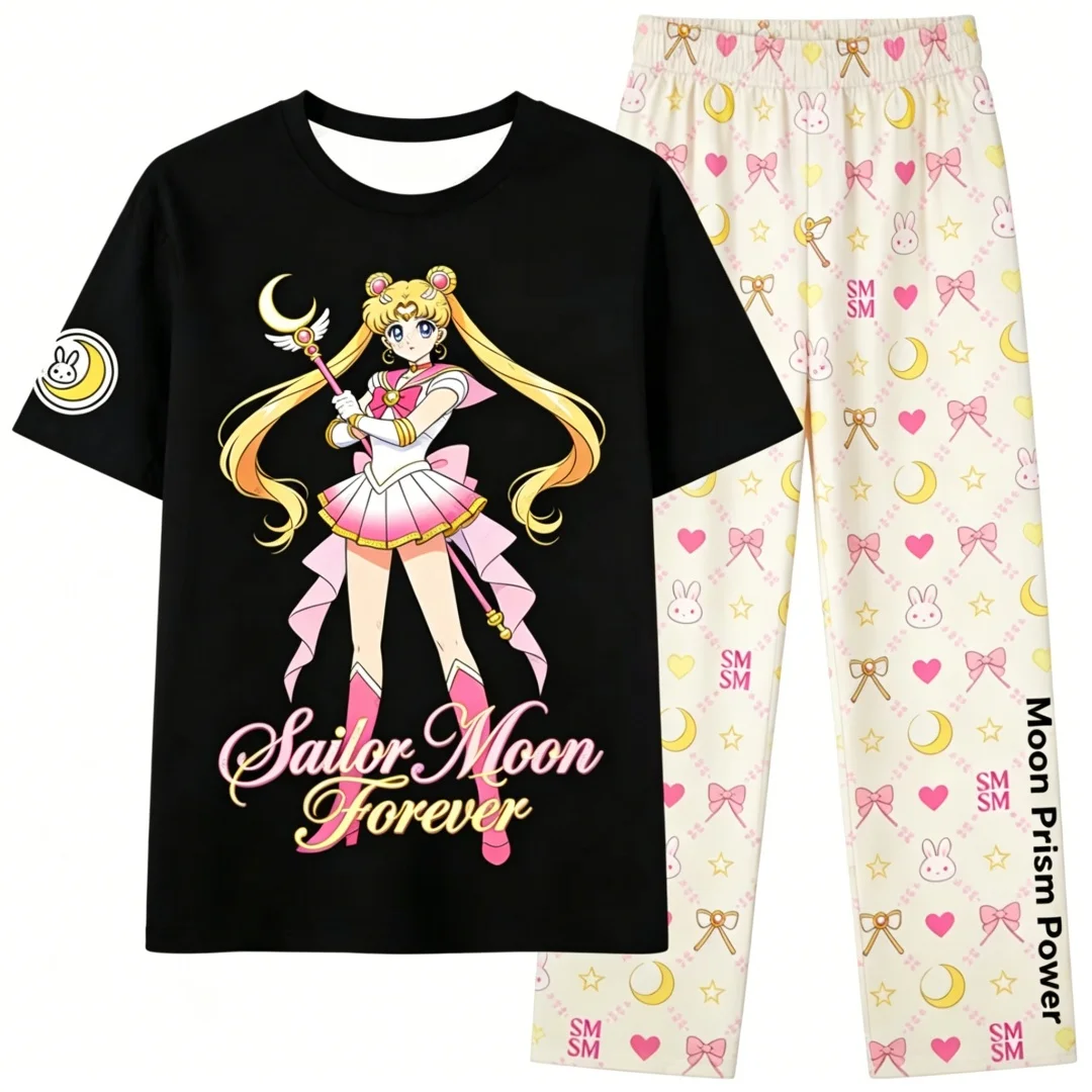 Sailor Moon Print Pajama Set For Women and Kids T Shirt and Pants Sleep Trousers Cute Moon Rabbit Bow Heart Print Loungewear Set