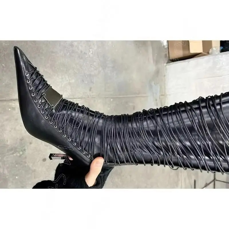 

Black Cross Tied Pointed Toe Patchwork Boots Side Zipper Women Shoes Thin High Heels Party Feast Dating 2026 Zapatos Para Mujere
