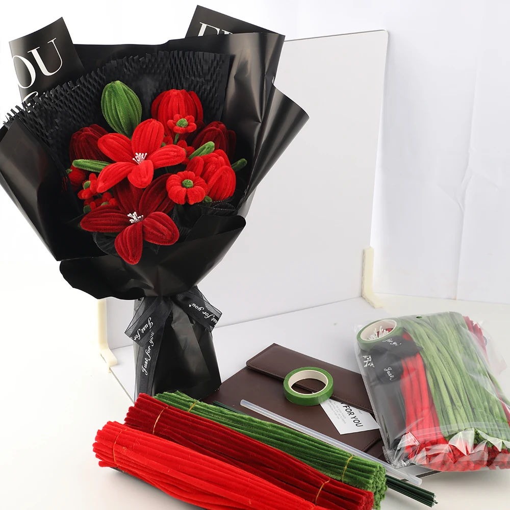 176pcs Red Tulip Lily Bouquet Set, Including Pipe Cleaners, Floral Stems, Tape, Glue Sticks, Cards, DIY Craft Supplies image 3