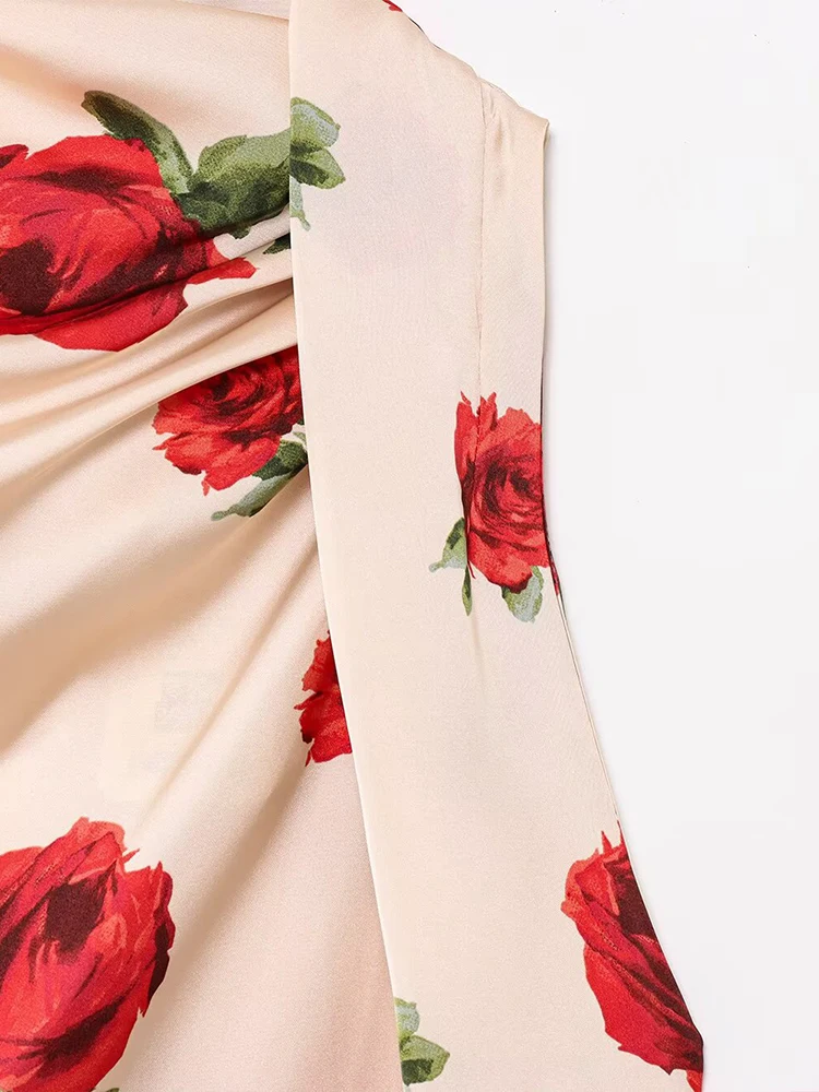 قميص نسائي صيفي جديد على الطراز الأوروبي والأمريكي بقصة ضيقة وطبعة زهور بدون ظهر من الساتان ورقبة رسن بدون أكمام #5