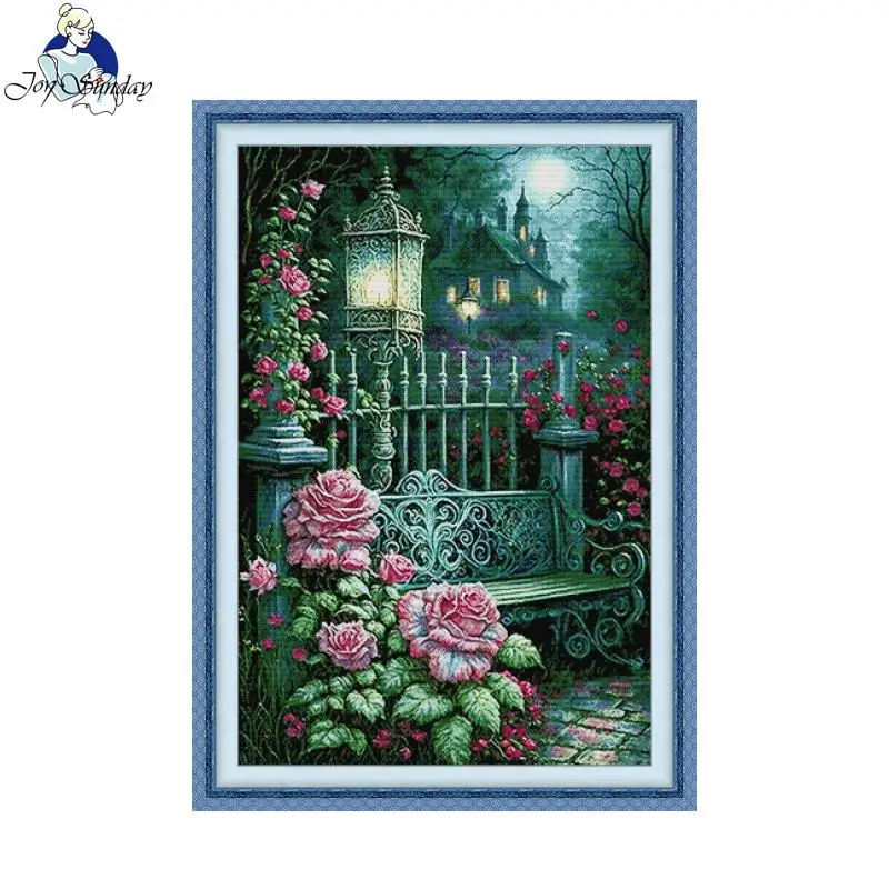 Joy Sunday Cross Stitch Kits Moonlight Rose Garden HD Pattern Aida 16/14/11CT DMC Thread DIY Hand Embroidery Kit Home Decor Gift