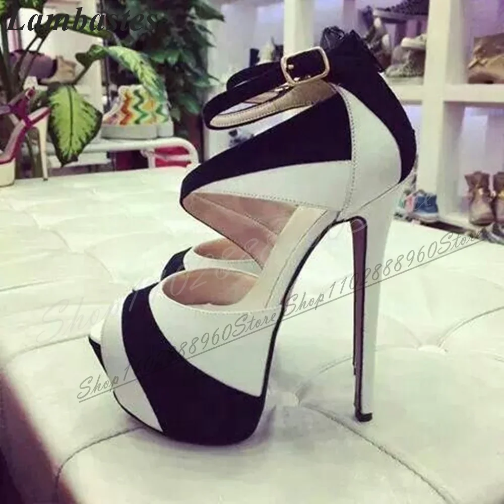 

Black And White Patchwork Platform Sandals Thin High Heel Women Shoes Ankle Buckle Strap Peep Toe 2024 Fashion Zapatillas Mujer