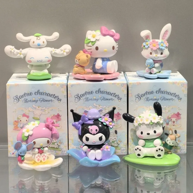 Kuromi Hello Kitty Flower Series Figurine Collectible Desk Decor Ornament for Home Office Display Anime Mini Toy Gift Set Toys