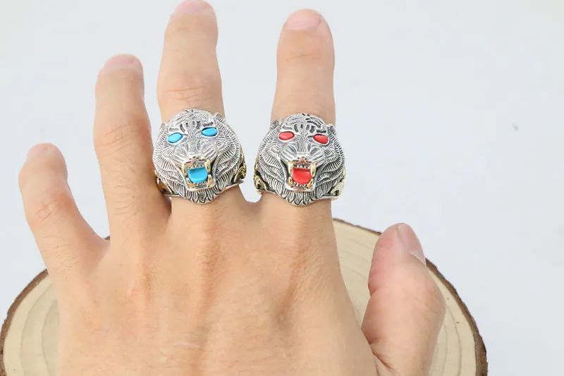 Ethnic Style Ornament Sterling Silver Blue Turquoise Tiger Head Ring, Male Dominant Retro Thai Silver Index Finger Exaggerated T