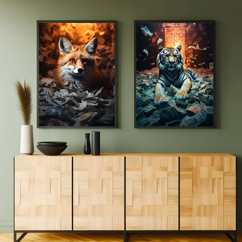 1pc frameless Canvas Painting Interesting Animal Portraits Leopards Tigers Lying In Banknotes Animals Poster Canvas Paintings Wa