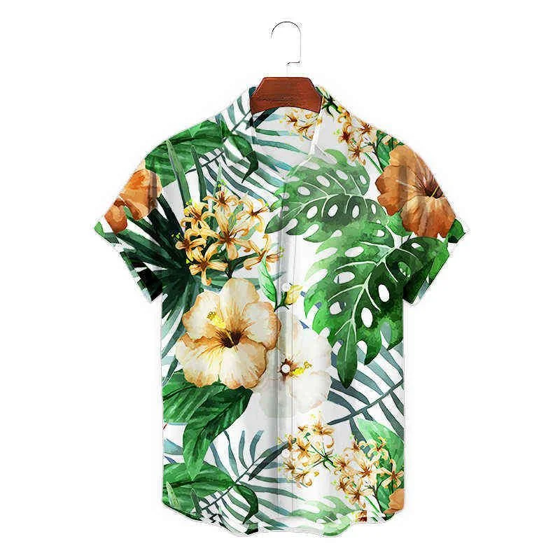 Camisa colorida de folhas de flores estampada em 3D masculina, manga curta, camisa de praia havaiana, blusa Aloha Lapel, moda casual, verão