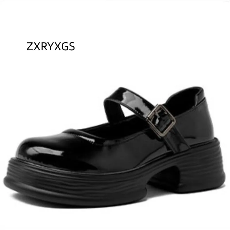 

ZXRYXGS Popular Cowhide Bright Lacquer Leather Shoes White 2023 Autumn Thick with Mid Heels Black Shoes Woman Heightening Shoes