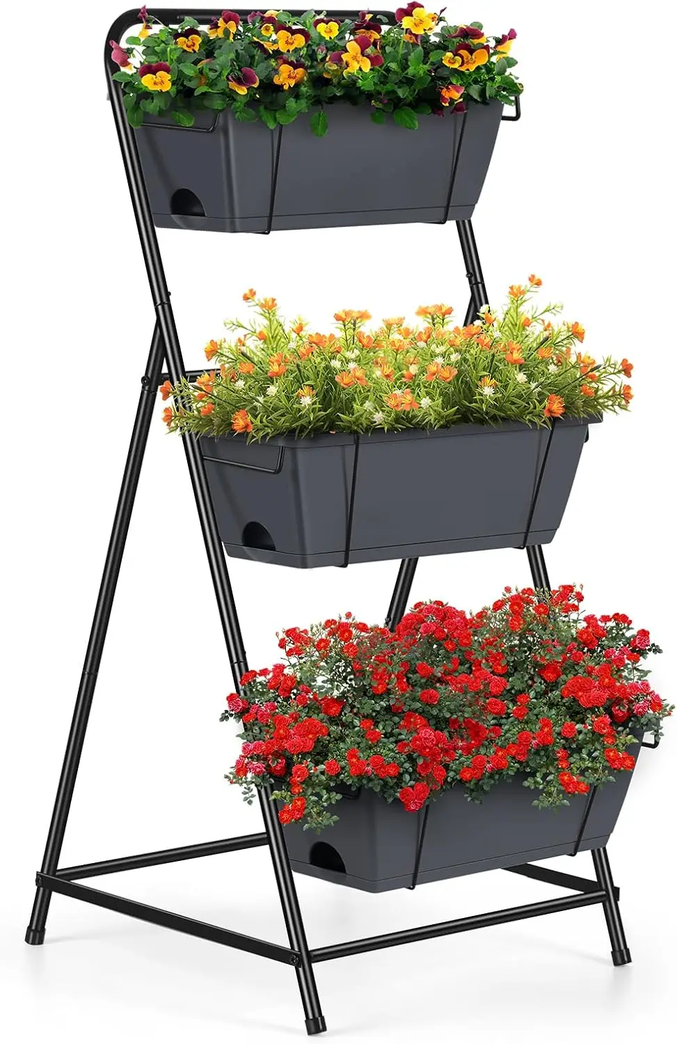 

3-Tier Vertical Garden Planter with Drainage Holes and Removable Tray for Patio, Balcony, Porch - Grey