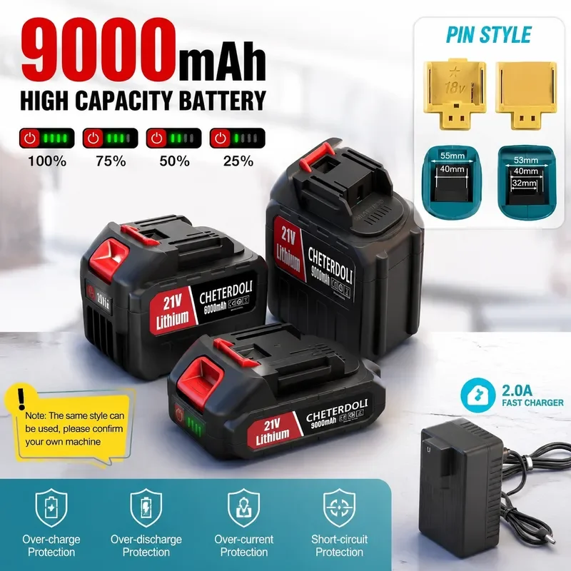 18V-21V Rechargeable Lithium Ion Battery High Capacity with Battery Indicator EU Plug For Battery Electric Power