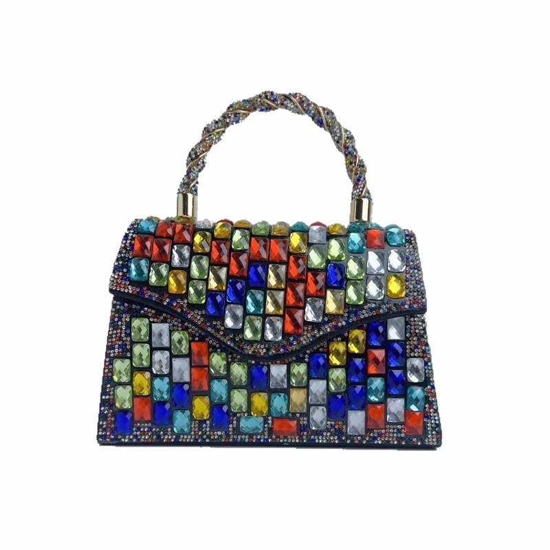 

2025 New Trendy Sparkling Multi-Color Rhinestones Evening Bag Luxury Design Diamond Party Clutch Bag Banquet Small Flap Bag