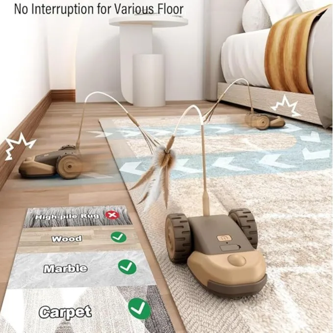 Dual-Speed Interactive Cat Toy Car, Auto Moving Feather Wand with Replaceable Heads for Indoor Cats Self-Play gallery 2