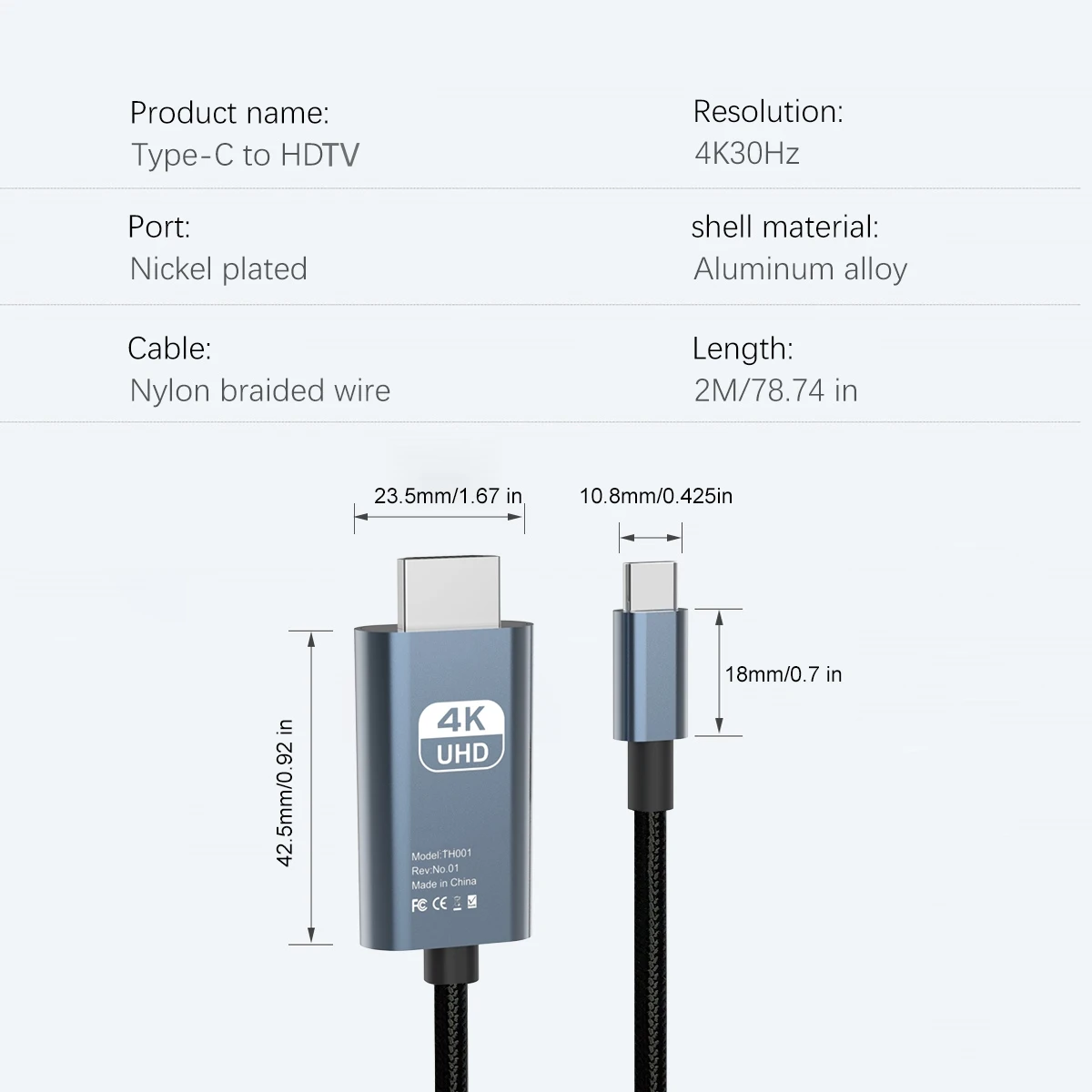 USB C-HDMI 케이블, 가정 사무실용 HDTV 코드, 썬더볼트 3/4, 맥북 프로 에어 아이패드 프로 XPS 17 S24 23/22, 4K @ 30Hz