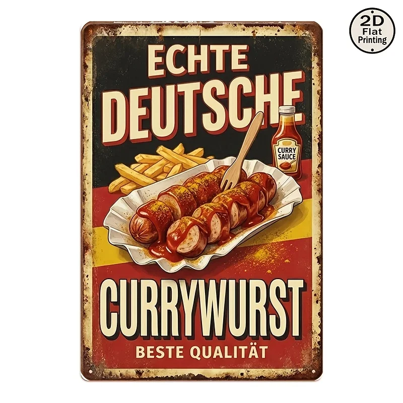 2D Flat, Vintage German Currywurst Sign - Metal Wall Plaque with Curry Sausage Advertisement -Themed Diner Decor for Indoor Use