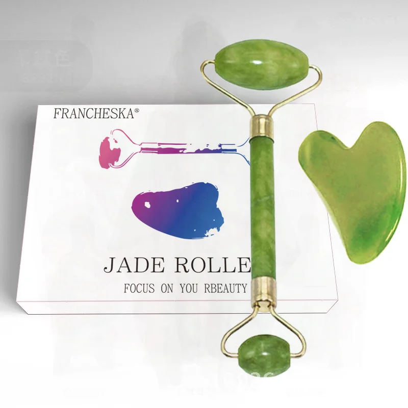 Set di rulli a doppia testa in giada rosa Strumenti di bellezza Raschietto per il viso Scatola colorata Dispositivo di sollevamento facciale non elettrico multifunzionale