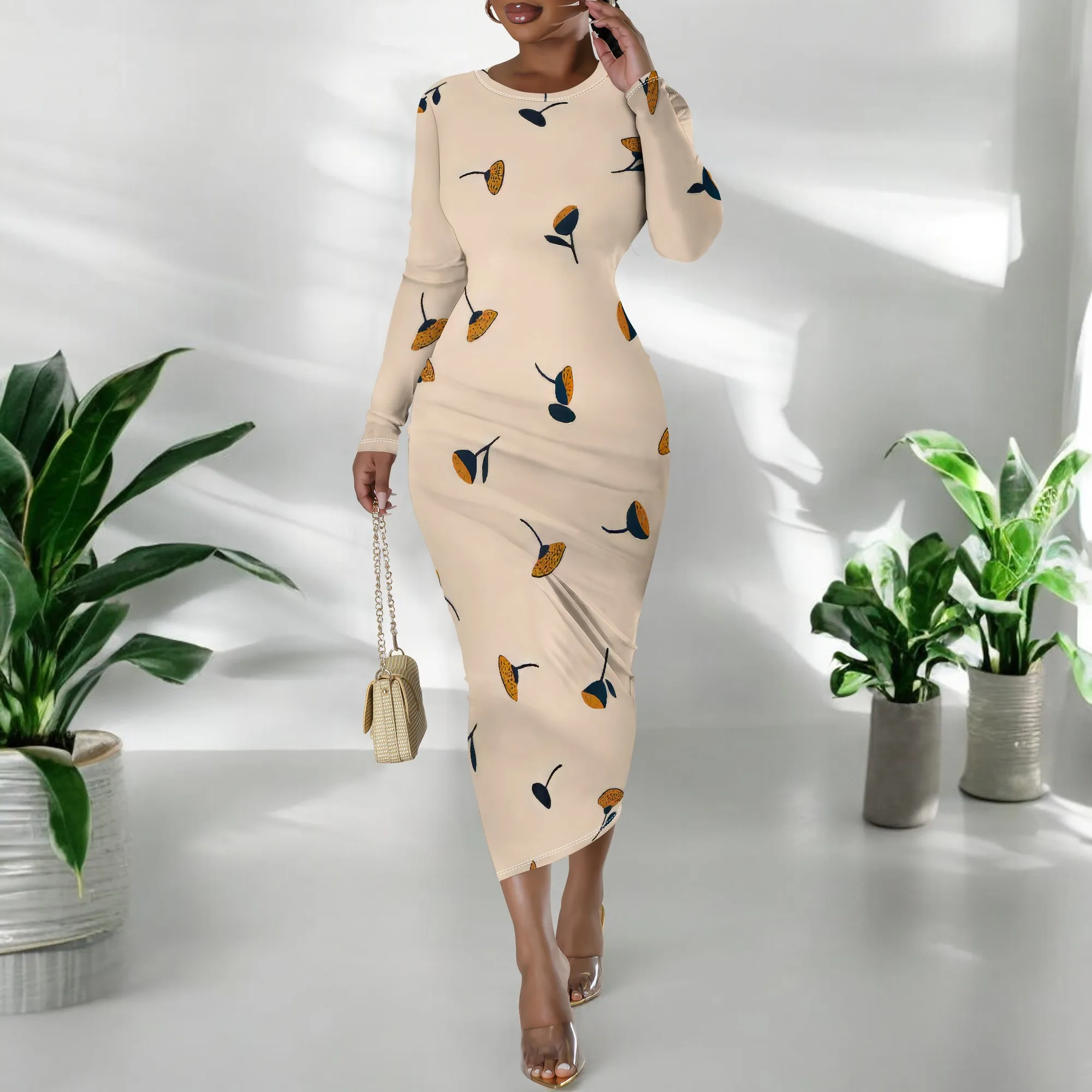 Robe crayon basique décontractée pour femmes, Sexy, manches longues, moulante, mi-longue, robe de Club