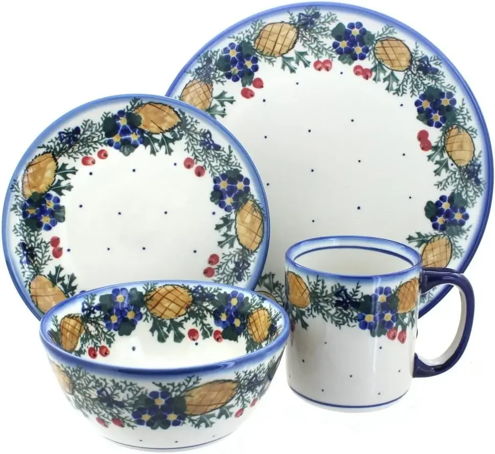 Blue Rose Polish Pottery Pinecone 16 Piece Dinner Set