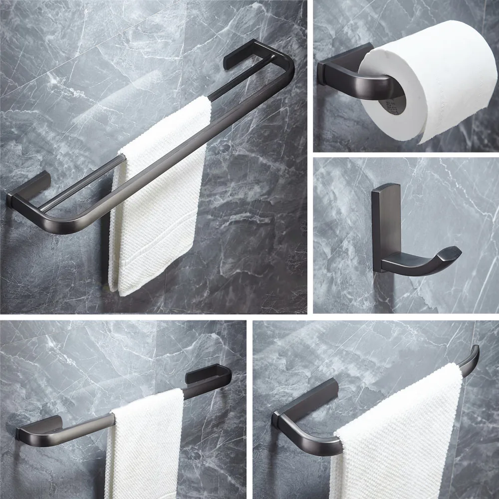 Dark Grey Brass Square Bathroom Hardware Double Towel Bar Towel Bar Paper Holder Cloth Hook Bathroom Accessory zzh106