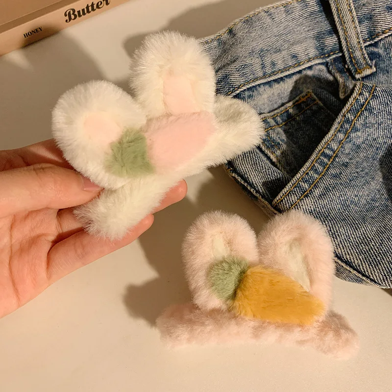 

1pc Pink furry rabbit ear hair clip, women's furry hair clip, bangs, side clips, hair accessories, new winter hair grab