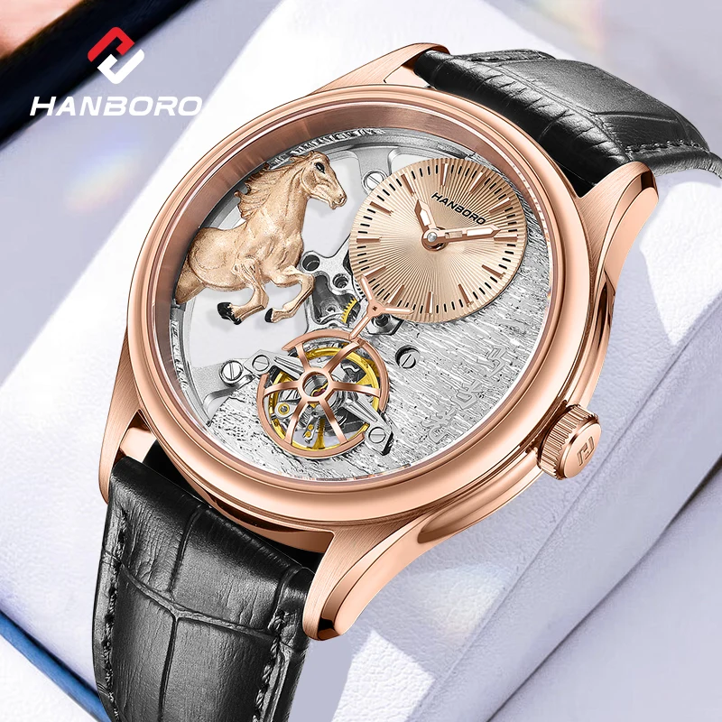 HANBORO Leading Series Herren Vollautomatische Mechanische Uhr mit Hohlem Schwungrad Modische Uhr 5002