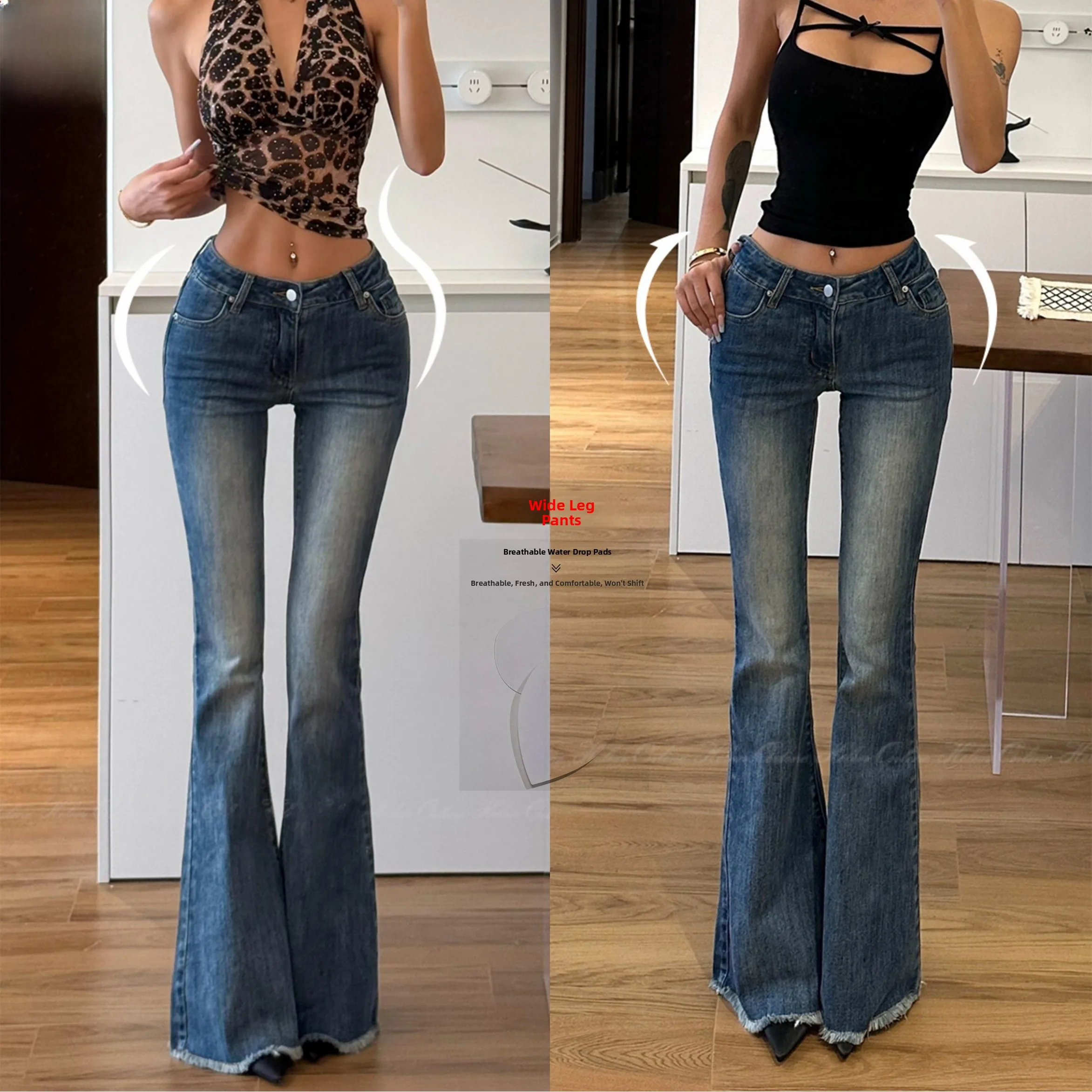 

Sexy Low Waist Sl Flared Jeans Women's Ele Body ape ow Frayed Long Pants Light Jeans Cotton Elastic Denim