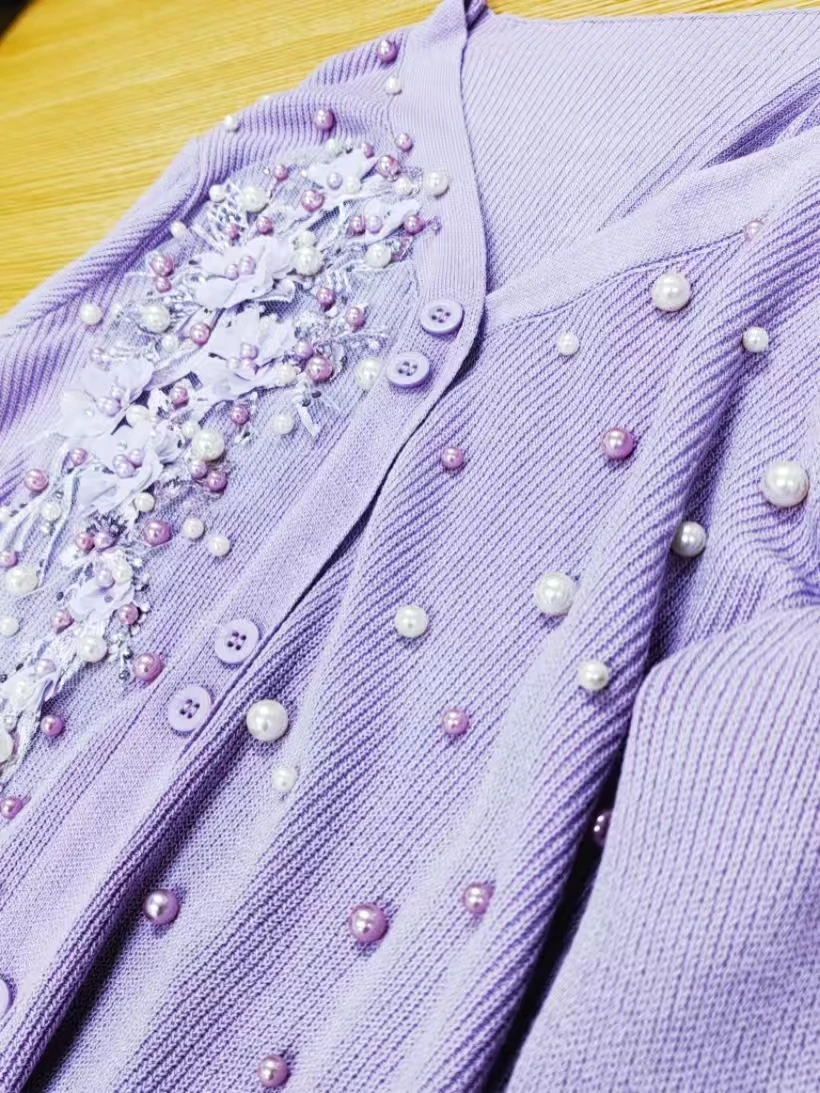 

Вязаный кардиган с бисерными цветами и вышивкой, приталенный, с длинным рукавом, тонкий свитер-пальто для женщин, коллекция Весна-Лето 2026