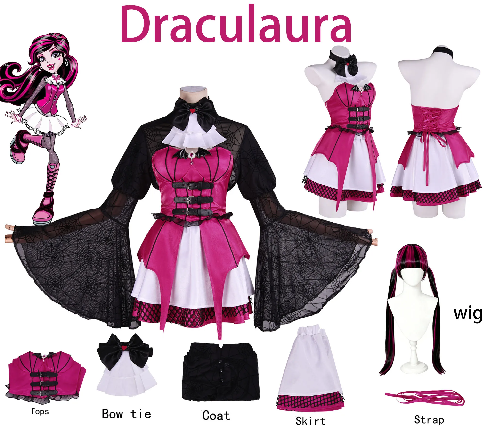 Disfraz de Draculaura, Vestido de Vampiresa Gótica de Monster High, Peluca, Atuendo para Fiesta de Halloween o Carnaval