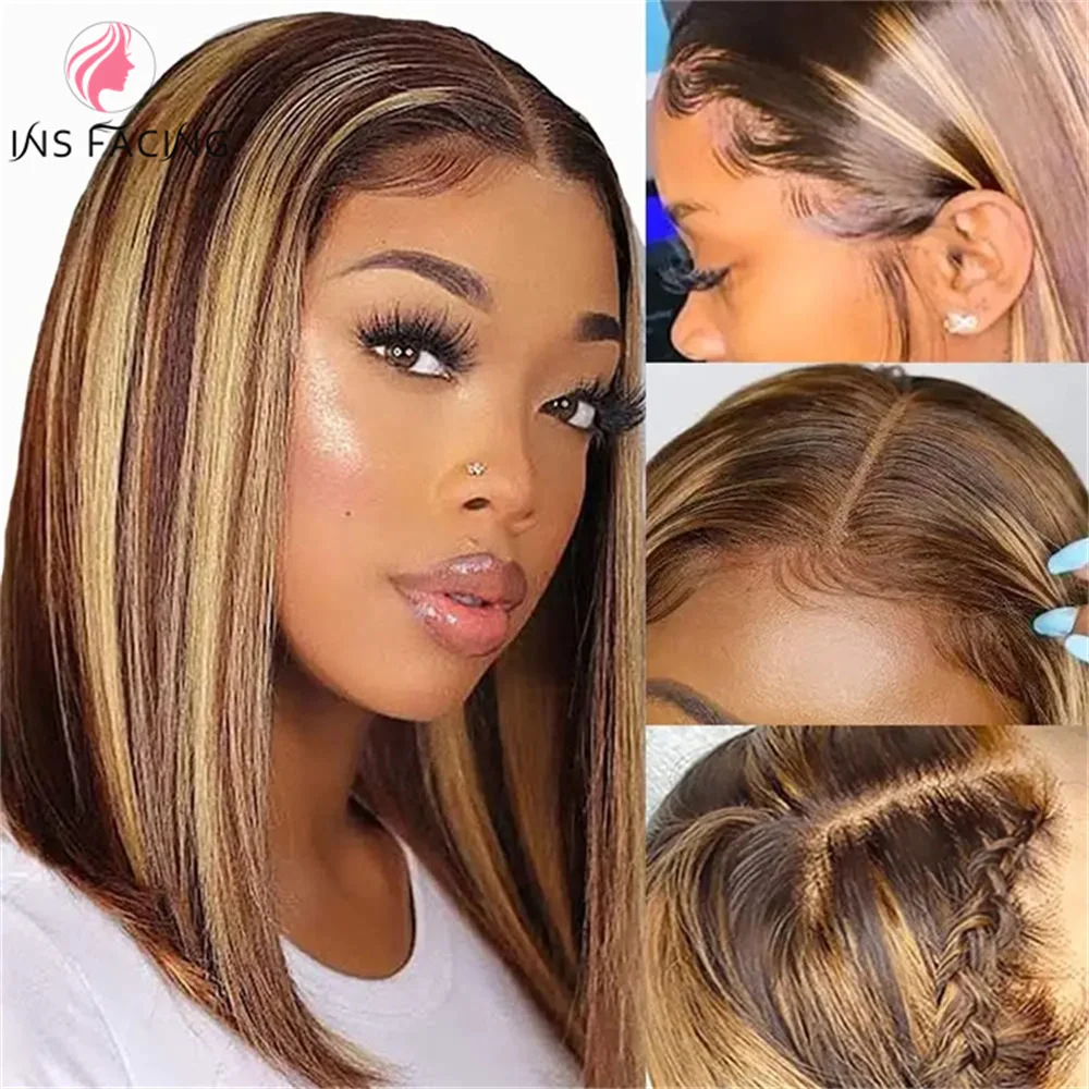 

INS FACIN 4x4 Lace Front Wigs Highlight Human Hair Short Bob Wig HD Lace Front P4/27 Honey Blonde Straight Bob Wigs