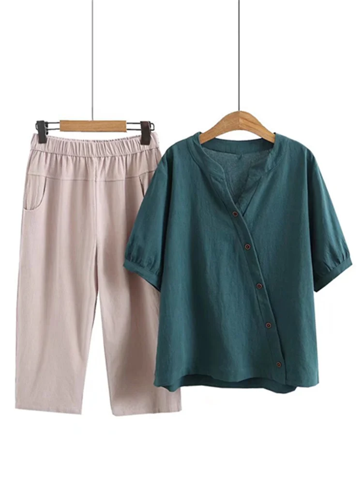 

Plus Size Women's Clothing Set Thin Non-Stretch Cotton Summer Combo Short-Sleeved Pullover Top And Elasticated Waist Pants Sets