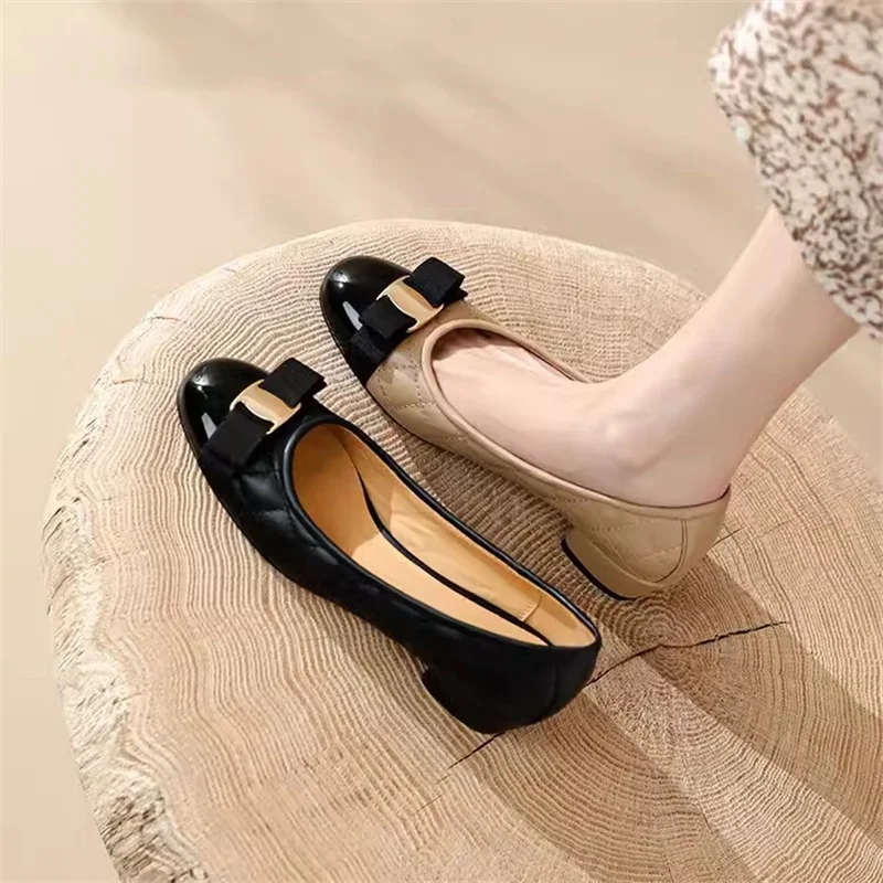 

French Style Checkered Sheepskin Single Shoes Bow with Shallow Mouth Thick Heel Middle Heel Shoes for Women